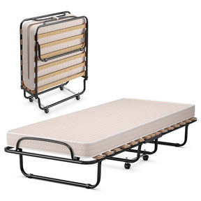 Made in Italy Rollaway Folding Bed with 4" Memory Foam Mattress, Portable Foldable Guest Bed Cot on Wheels for Adults, Small Space, Office