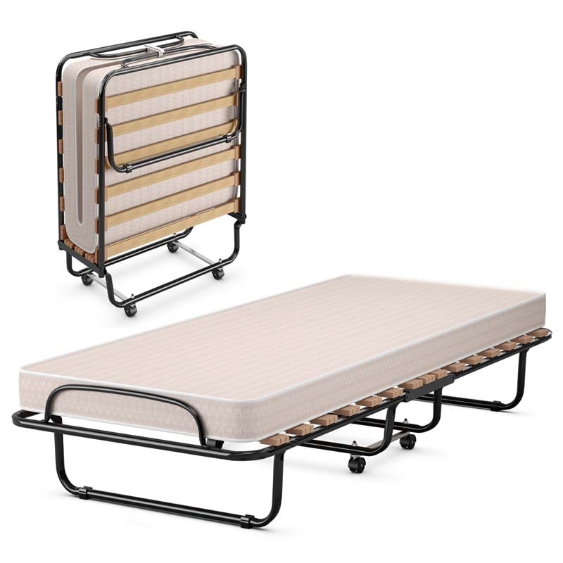 Made in Italy Rollaway Folding Bed with 4" Memory Foam Mattress, Portable Foldable Guest Bed Cot on Wheels for Adults, Small Space, Office