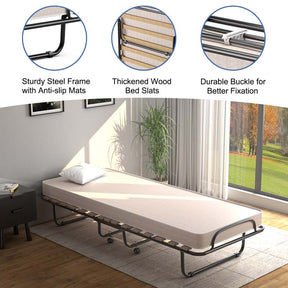 Made in Italy Rollaway Folding Bed with 4" Memory Foam Mattress, Portable Foldable Guest Bed Cot on Wheels for Adults, Small Space, Office