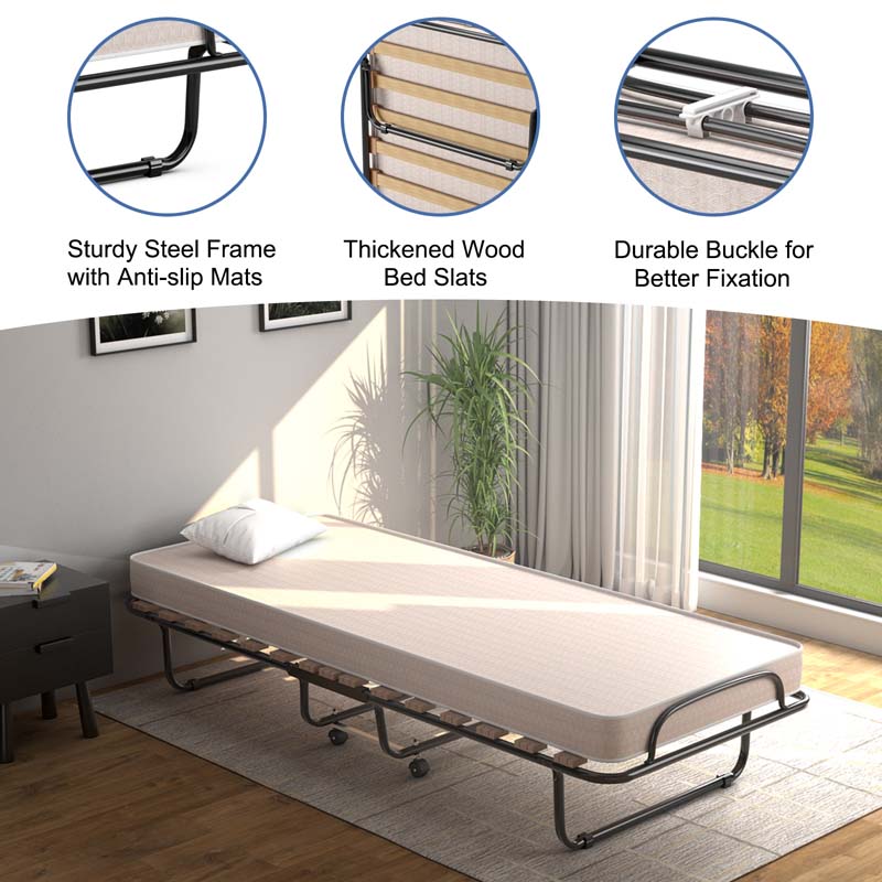 Made in Italy Rollaway Folding Bed with 4" Memory Foam Mattress, Portable Foldable Guest Bed Cot on Wheels for Adults, Small Space, Office
