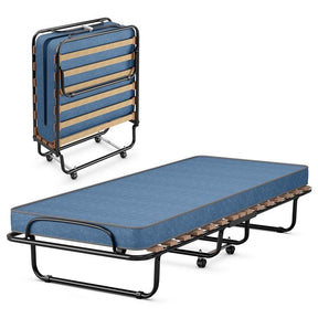 Made in Italy Rollaway Folding Bed with 4" Memory Foam Mattress, Portable Foldable Guest Bed Cot on Wheels for Adults, Small Space, Office
