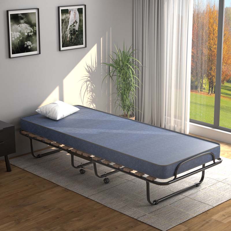 Made in Italy Rollaway Folding Bed with 4" Memory Foam Mattress, Portable Foldable Guest Bed Cot on Wheels for Adults, Small Space, Office
