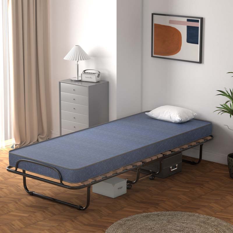 Made in Italy Rollaway Folding Bed with 4" Memory Foam Mattress, Portable Foldable Guest Bed Cot on Wheels for Adults, Small Space, Office
