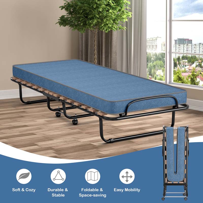 Made in Italy Rollaway Folding Bed with 4" Memory Foam Mattress, Portable Foldable Guest Bed Cot on Wheels for Adults, Small Space, Office