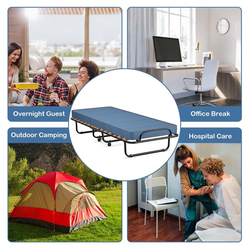 Made in Italy Rollaway Folding Bed with 4" Memory Foam Mattress, Portable Foldable Guest Bed Cot on Wheels for Adults, Small Space, Office