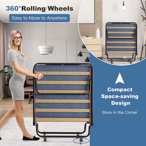 Made in Italy Rollaway Folding Bed with 4" Memory Foam Mattress, Portable Foldable Guest Bed Cot on Wheels for Adults, Small Space, Office