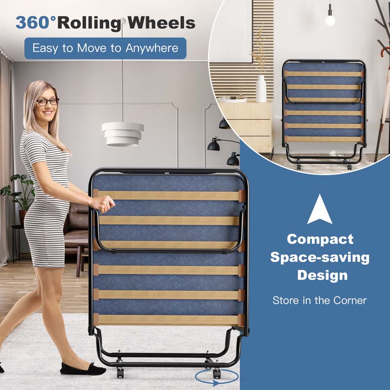 Made in Italy Rollaway Folding Bed with 4" Memory Foam Mattress, Portable Foldable Guest Bed Cot on Wheels for Adults, Small Space, Office