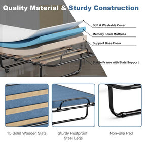 Made in Italy Rollaway Folding Bed with 4" Memory Foam Mattress, Portable Foldable Guest Bed Cot on Wheels for Adults, Small Space, Office