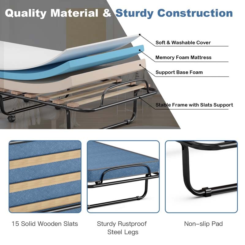 Made in Italy Rollaway Folding Bed with 4" Memory Foam Mattress, Portable Foldable Guest Bed Cot on Wheels for Adults, Small Space, Office