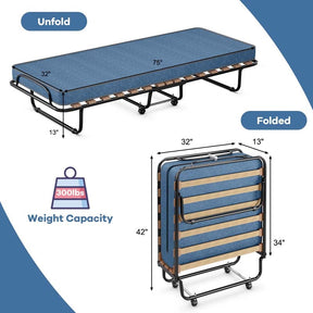 Made in Italy Rollaway Folding Bed with 4" Memory Foam Mattress, Portable Foldable Guest Bed Cot on Wheels for Adults, Small Space, Office