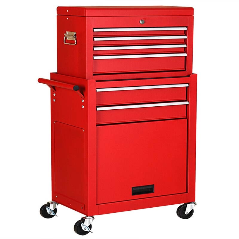 6-Drawer Rolling Tool Chest Cabinet, 2-in-1 Detachable Tool Box Organizer with Auto Locking System & Lockable Wheels for Garage Workshop