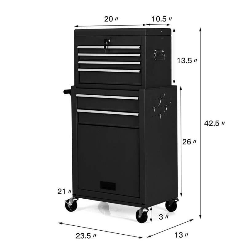 6-Drawer Rolling Tool Chest Cabinet, 2-in-1 Detachable Tool Box Organizer with Auto Locking System & Lockable Wheels for Garage Workshop