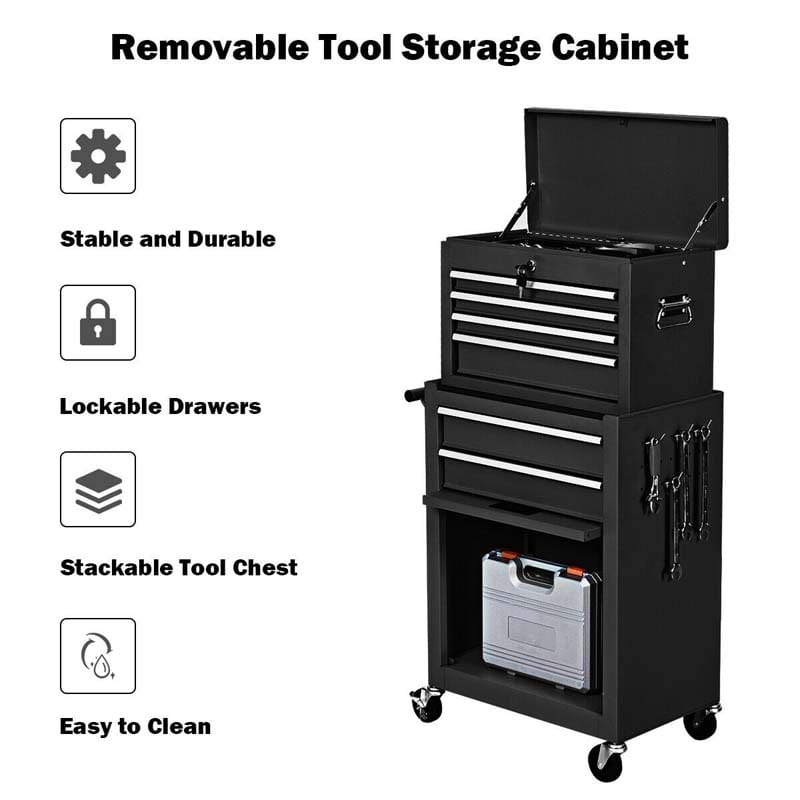 6-Drawer Rolling Tool Chest Cabinet, 2-in-1 Detachable Tool Box Organizer with Auto Locking System & Lockable Wheels for Garage Workshop