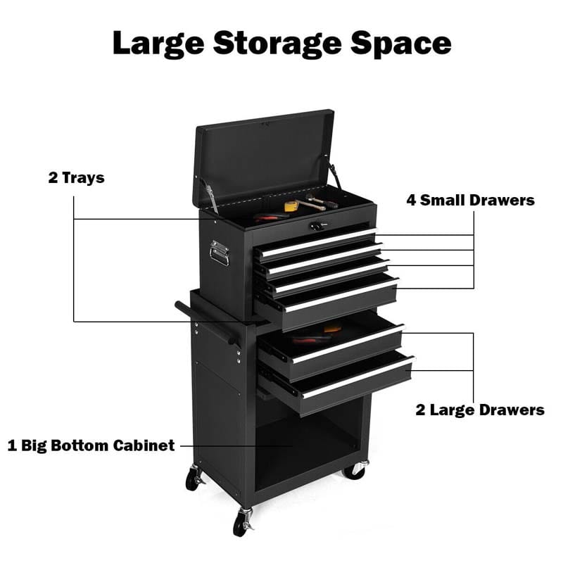6-Drawer Rolling Tool Chest Cabinet, 2-in-1 Detachable Tool Box Organizer with Auto Locking System & Lockable Wheels for Garage Workshop