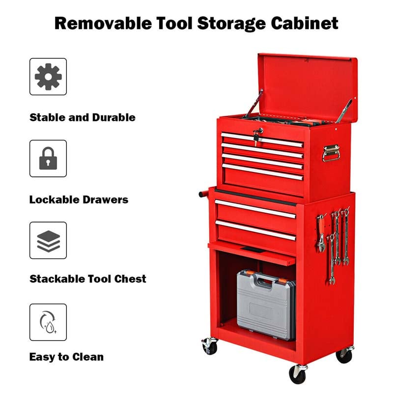 6-Drawer Rolling Tool Chest Cabinet, 2-in-1 Detachable Tool Box Organizer with Auto Locking System & Lockable Wheels for Garage Workshop