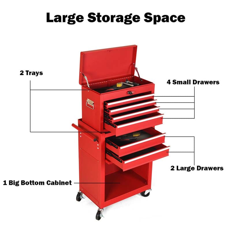 6-Drawer Rolling Tool Chest Cabinet, 2-in-1 Detachable Tool Box Organizer with Auto Locking System & Lockable Wheels for Garage Workshop