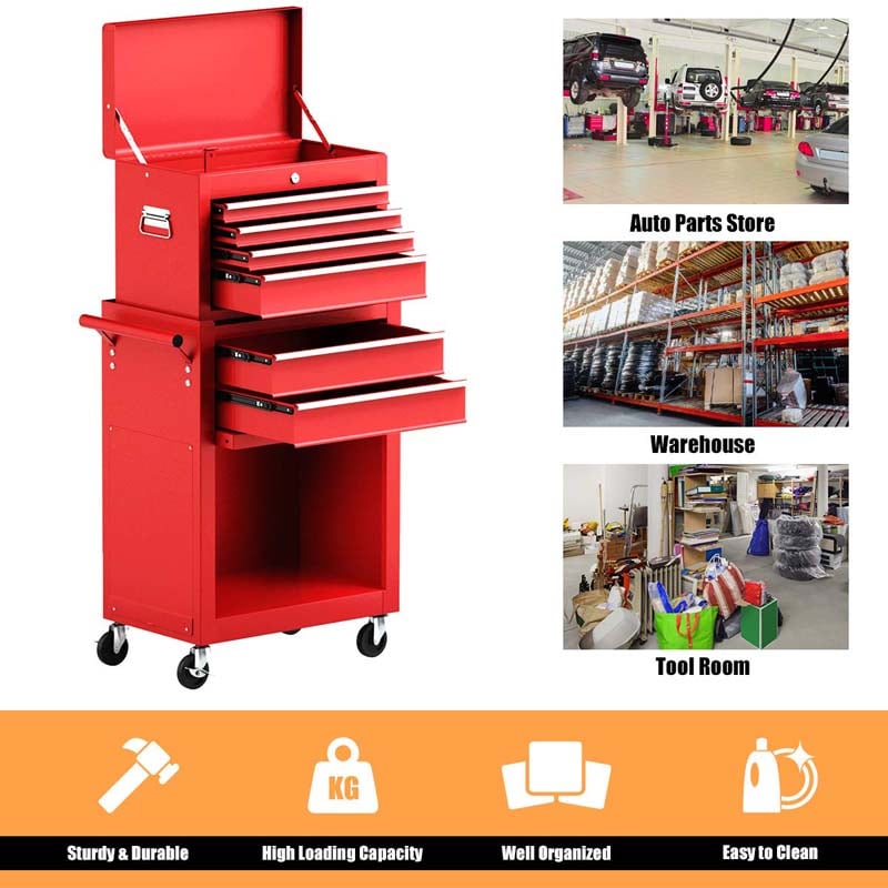 6-Drawer Rolling Tool Chest Cabinet, 2-in-1 Detachable Tool Box Organizer with Auto Locking System & Lockable Wheels for Garage Workshop