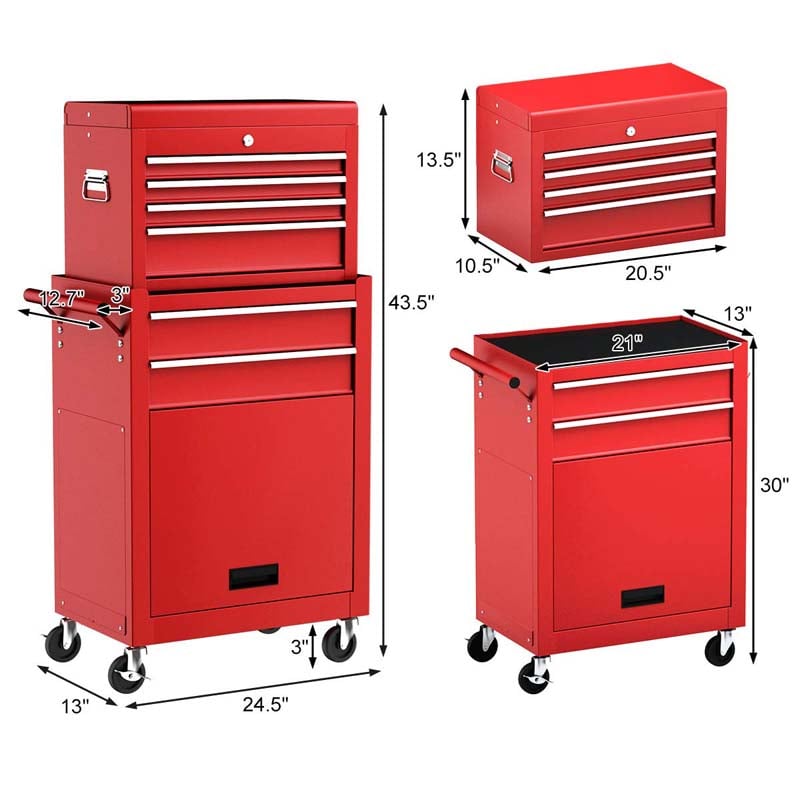 6-Drawer Rolling Tool Chest Cabinet, 2-in-1 Detachable Tool Box Organizer with Auto Locking System & Lockable Wheels for Garage Workshop