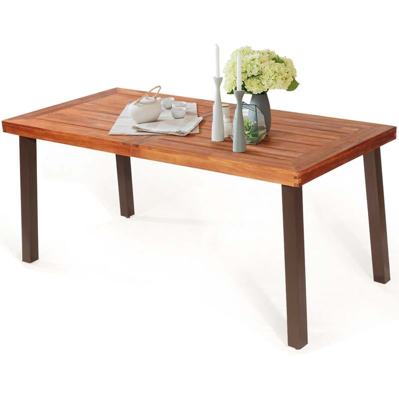 67.5" Rectangular Acacia Wood Patio Dining Table w/ Umbrella Hole, Modern Rustic Indoor Outdoor Table with Heavy-Duty Metal Legs for Garden, Poolside