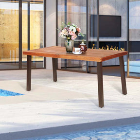 67.5" Rectangular Acacia Wood Patio Dining Table w/ Umbrella Hole, Modern Rustic Indoor Outdoor Table with Heavy-Duty Metal Legs for Garden, Poolside