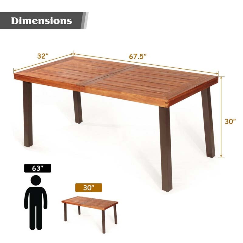 67.5" Rectangular Acacia Wood Patio Dining Table w/ Umbrella Hole, Modern Rustic Indoor Outdoor Table with Heavy-Duty Metal Legs for Garden, Poolside