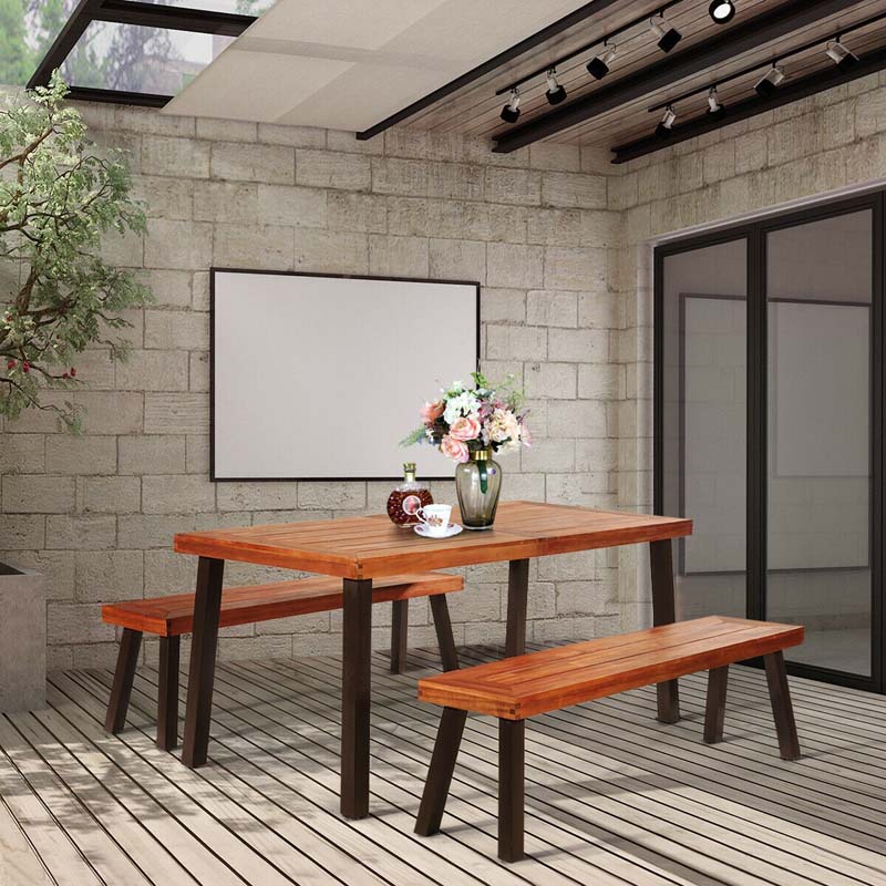 67.5" Rectangular Acacia Wood Patio Dining Table w/ Umbrella Hole, Modern Rustic Indoor Outdoor Table with Heavy-Duty Metal Legs for Garden, Poolside