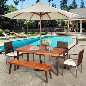 67.5" Rectangular Acacia Wood Patio Dining Table w/ Umbrella Hole, Modern Rustic Indoor Outdoor Table with Heavy-Duty Metal Legs for Garden, Poolside