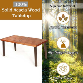 67.5" Rectangular Acacia Wood Patio Dining Table w/ Umbrella Hole, Modern Rustic Indoor Outdoor Table with Heavy-Duty Metal Legs for Garden, Poolside