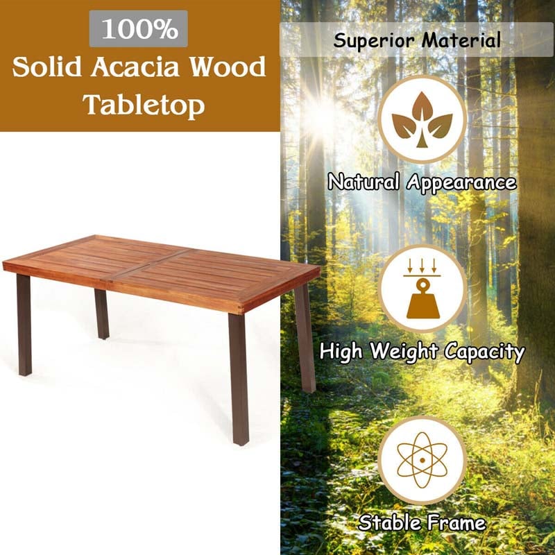 67.5" Rectangular Acacia Wood Patio Dining Table w/ Umbrella Hole, Modern Rustic Indoor Outdoor Table with Heavy-Duty Metal Legs for Garden, Poolside
