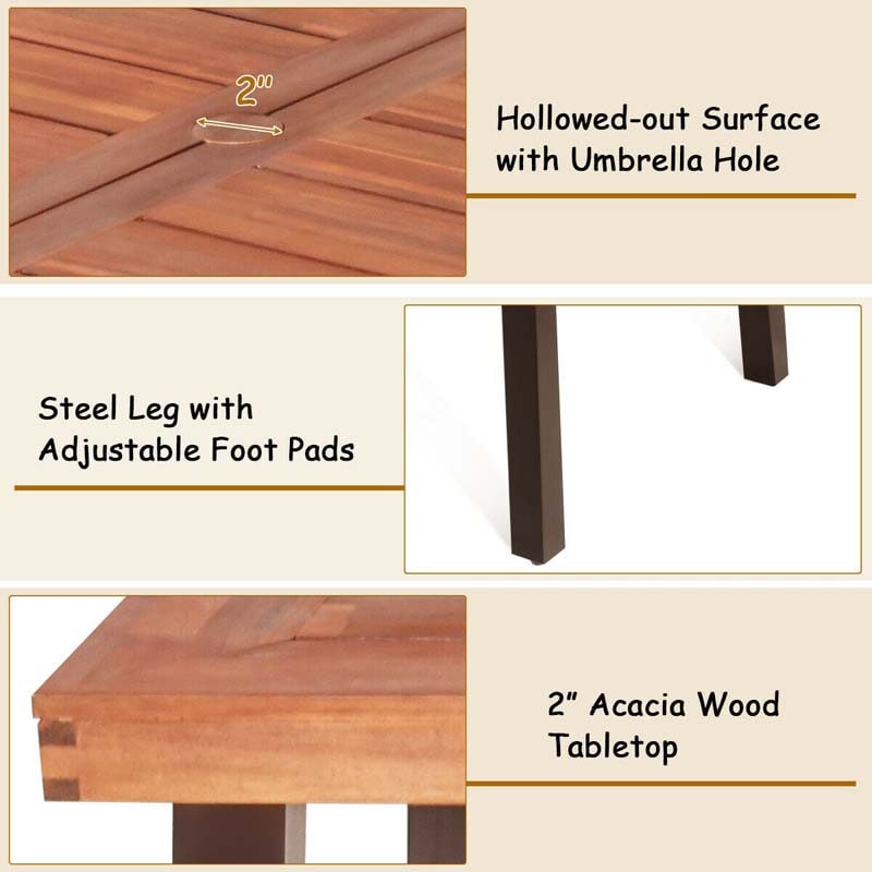67.5" Rectangular Acacia Wood Patio Dining Table w/ Umbrella Hole, Modern Rustic Indoor Outdoor Table with Heavy-Duty Metal Legs for Garden, Poolside