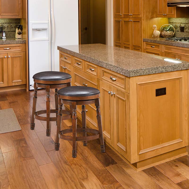 24" Backless Swivel Bar Stools Set of 2/4, Rubber Wood Counter Height Bar Chairs with Faux Leather Padded Seat for Kitchen Island, Pub, Cafe