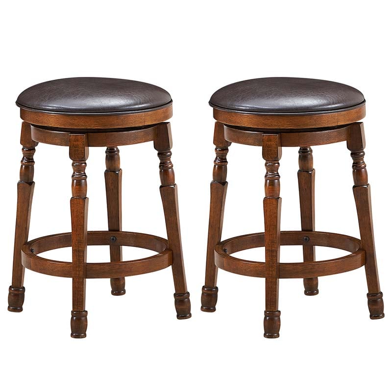 24" Backless Swivel Bar Stools Set of 2/4, Rubber Wood Counter Height Bar Chairs with Faux Leather Padded Seat for Kitchen Island, Pub, Cafe