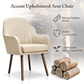 Set of 2 Fabric Dining Chairs, Accent Upholstered Arm Chair with Rubber Wood Legs & Thick Sponge Seat for Dining Room, Living Room, Bedroom
