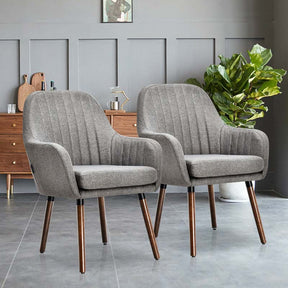 Set of 2 Fabric Dining Chairs, Accent Upholstered Arm Chair with Rubber Wood Legs & Thick Sponge Seat for Dining Room, Living Room, Bedroom