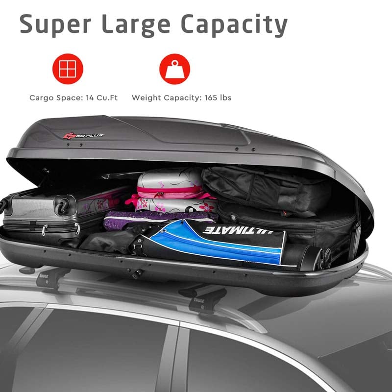 14 Cu.Ft Hard Shell Rooftop Cargo Carrier Waterproof Cargo Box w/ Dual Side Opening & Security Key, 165LBS Load Roof Storage Box for 17-22.8" Crossbar