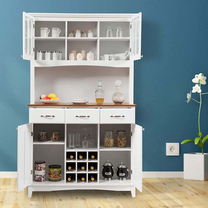 72.5" Kitchen Hutch Storage Cabinet, Pantry Buffet Sideboard with Wine Rack, Microwave Countertop, Drawers & Adjustable Shelves for Dining Room