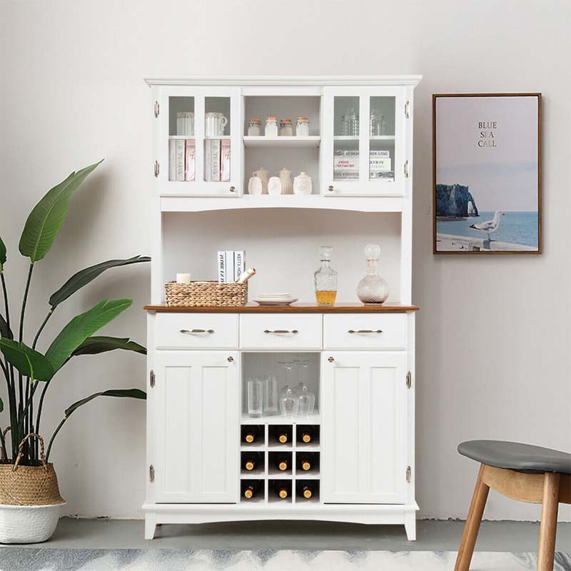 72.5" Kitchen Hutch Storage Cabinet, Pantry Buffet Sideboard with Wine Rack, Microwave Countertop, Drawers & Adjustable Shelves for Dining Room