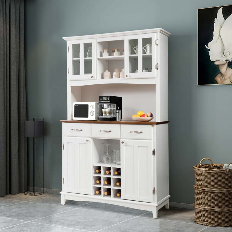 72.5" Kitchen Hutch Storage Cabinet, Pantry Buffet Sideboard with Wine Rack, Microwave Countertop, Drawers & Adjustable Shelves for Dining Room