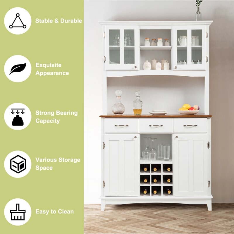 72.5" Kitchen Hutch Storage Cabinet, Pantry Buffet Sideboard with Wine Rack, Microwave Countertop, Drawers & Adjustable Shelves for Dining Room