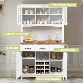 72.5" Kitchen Hutch Storage Cabinet, Pantry Buffet Sideboard with Wine Rack, Microwave Countertop, Drawers & Adjustable Shelves for Dining Room
