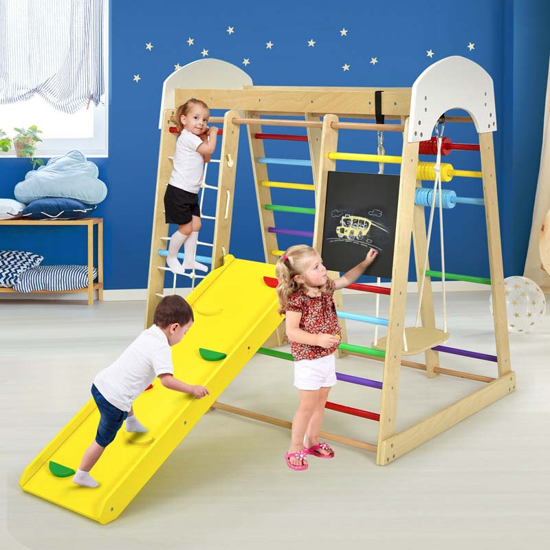 8-in-1 Wooden Indoor Playground, Montessori Jungle Gym for Toddlers w/ Double-Sided Slide, Swing & Climbing Net, Climber Playset for Kids