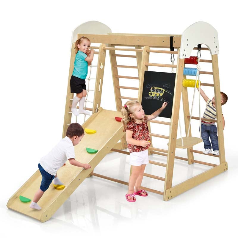 8-in-1 Wooden Indoor Playground, Montessori Jungle Gym for Toddlers w/ Double-Sided Slide, Swing & Climbing Net, Climber Playset for Kids