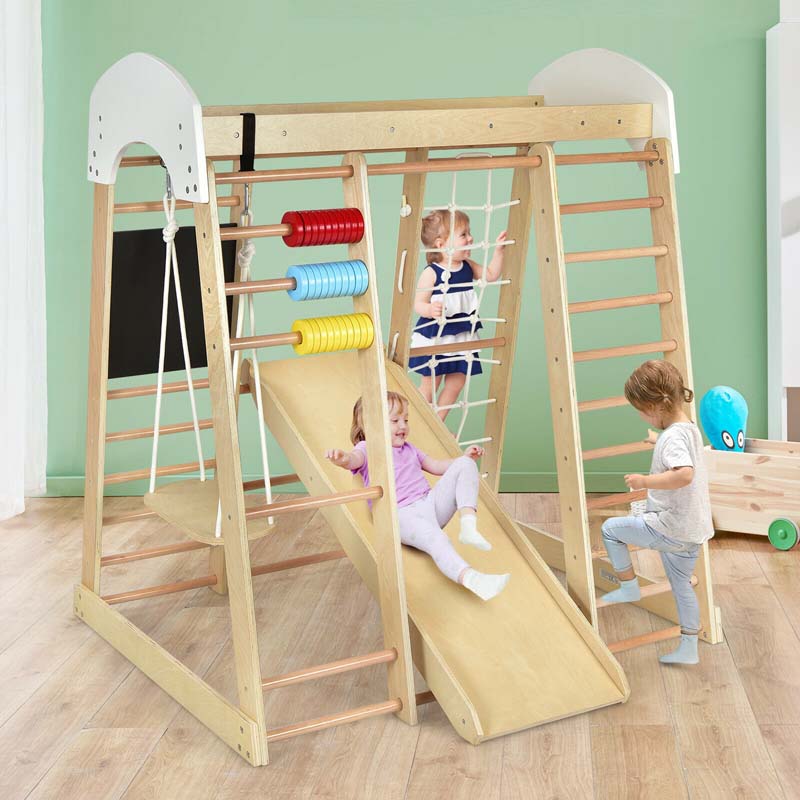 8-in-1 Wooden Indoor Playground, Montessori Jungle Gym for Toddlers w/ Double-Sided Slide, Swing & Climbing Net, Climber Playset for Kids