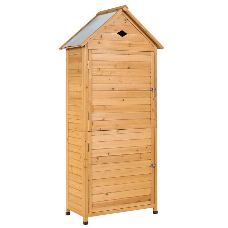 63" Wood Outdoor Storage Shed Lockable Garden Tools Storage Cabinet with 5 Shelves, Galvanized Sheet Roof