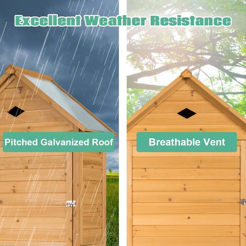 63" Wood Outdoor Storage Shed Lockable Garden Tools Storage Cabinet with 5 Shelves, Galvanized Sheet Roof
