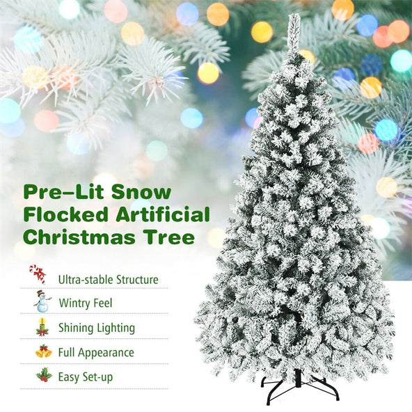 Premium Pre-Lit Snow Flocked Artificial Christmas Tree with Hinged Branch Tips & LED Lights