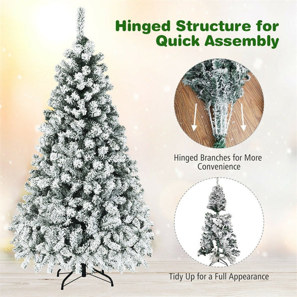 Premium Pre-Lit Snow Flocked Artificial Christmas Tree with Hinged Branch Tips & LED Lights