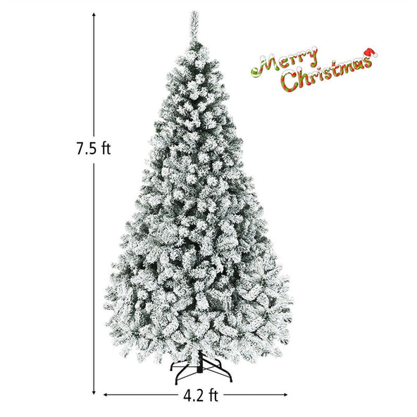 Premium Pre-Lit Snow Flocked Artificial Christmas Tree with Hinged Branch Tips & LED Lights