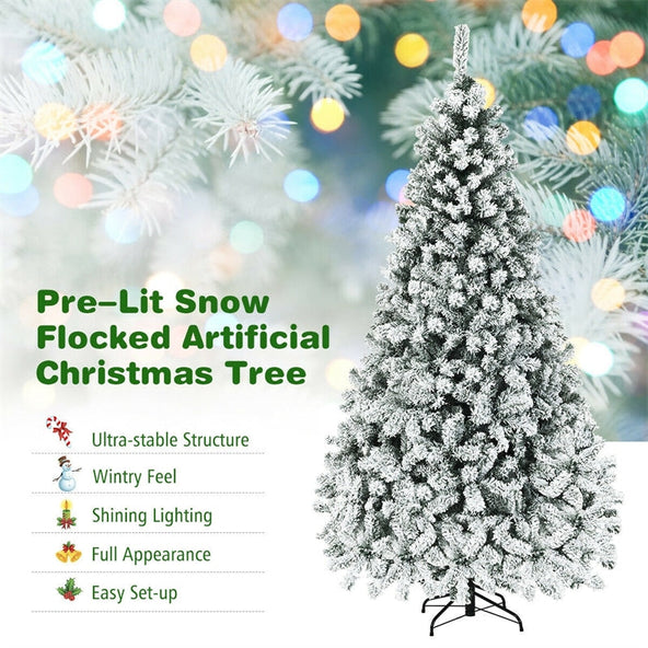 Premium Pre-Lit Snow Flocked Artificial Christmas Tree with Hinged Branch Tips & LED Lights