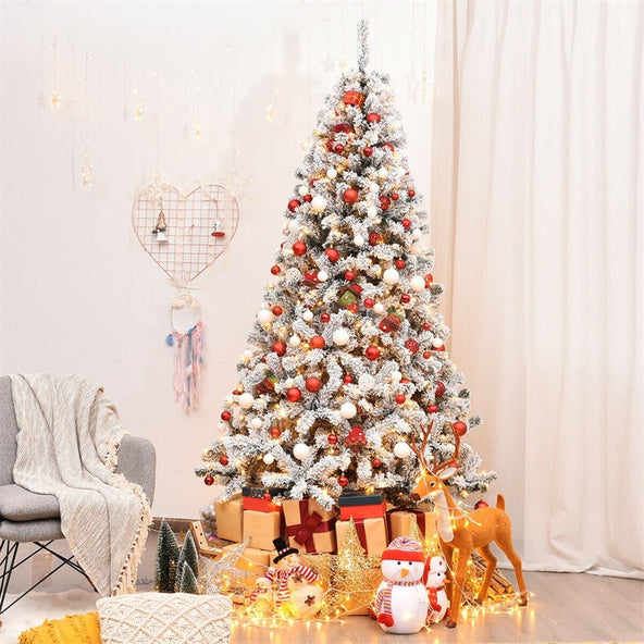 Premium Pre-Lit Snow Flocked Artificial Christmas Tree with Hinged Branch Tips & LED Lights